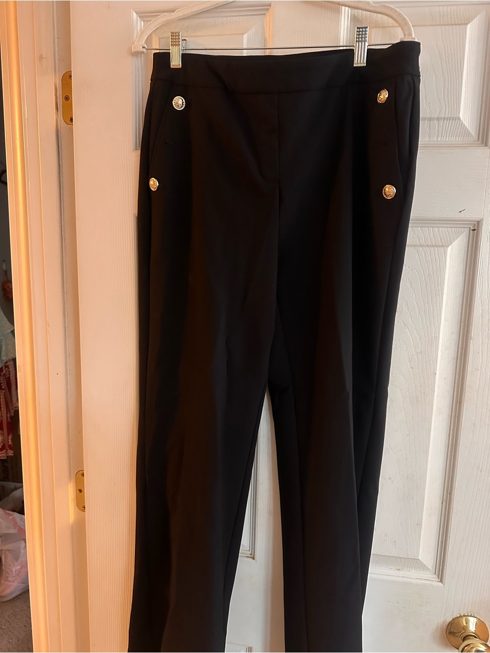 Rachel Zoe Black Straight-Leg Trousers with Gold Buttons